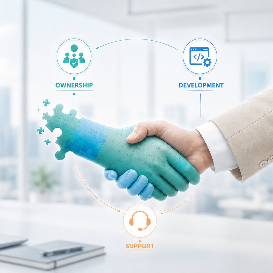 A handshake beneath linked ownership, development and support icons